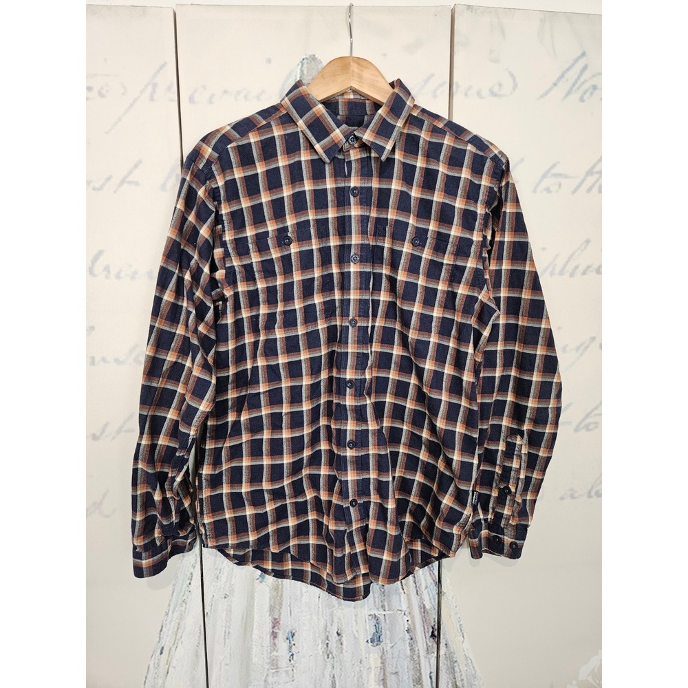 Patagonia Mens Organic Cotton Flannel Plaid Button Down Shirt Navy Orange Size M